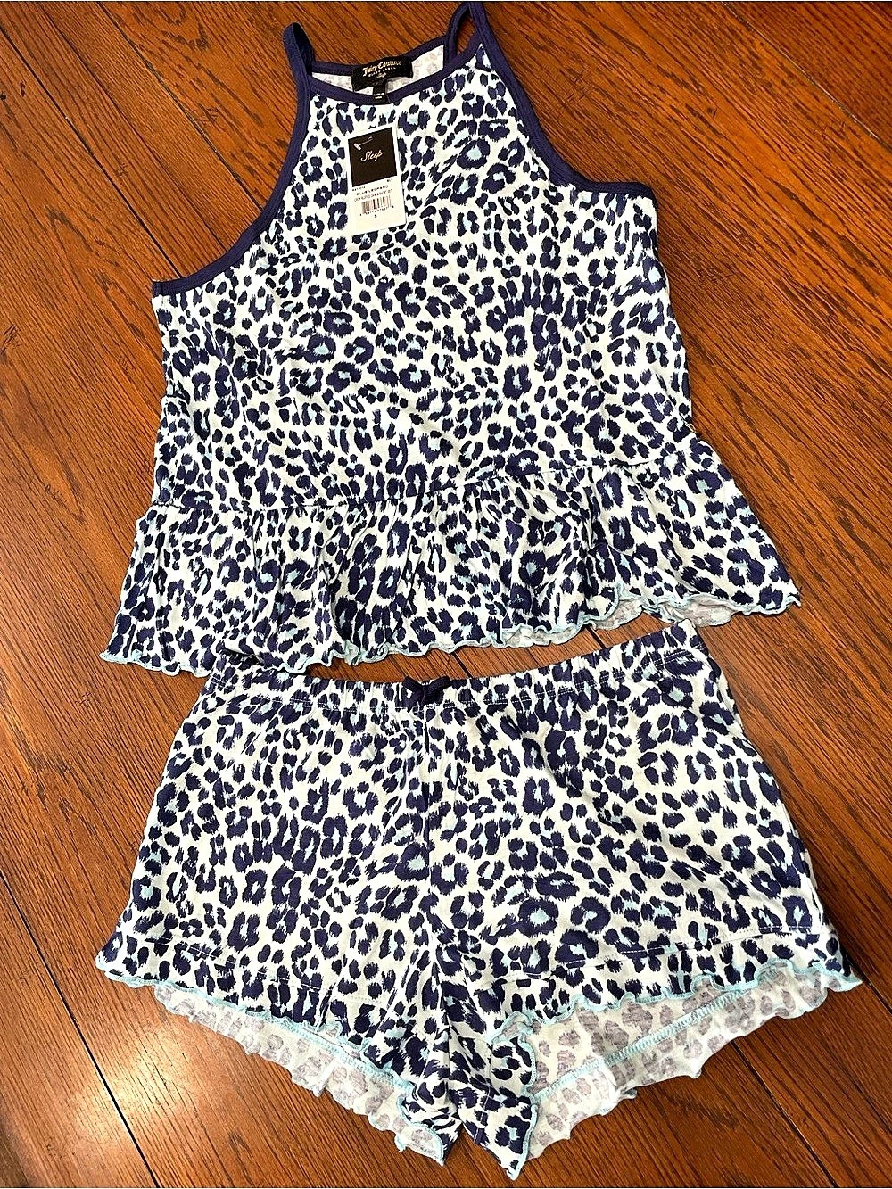 Juicy Couture Crop Ruffle Camisole & Short Set Blue & White Medium